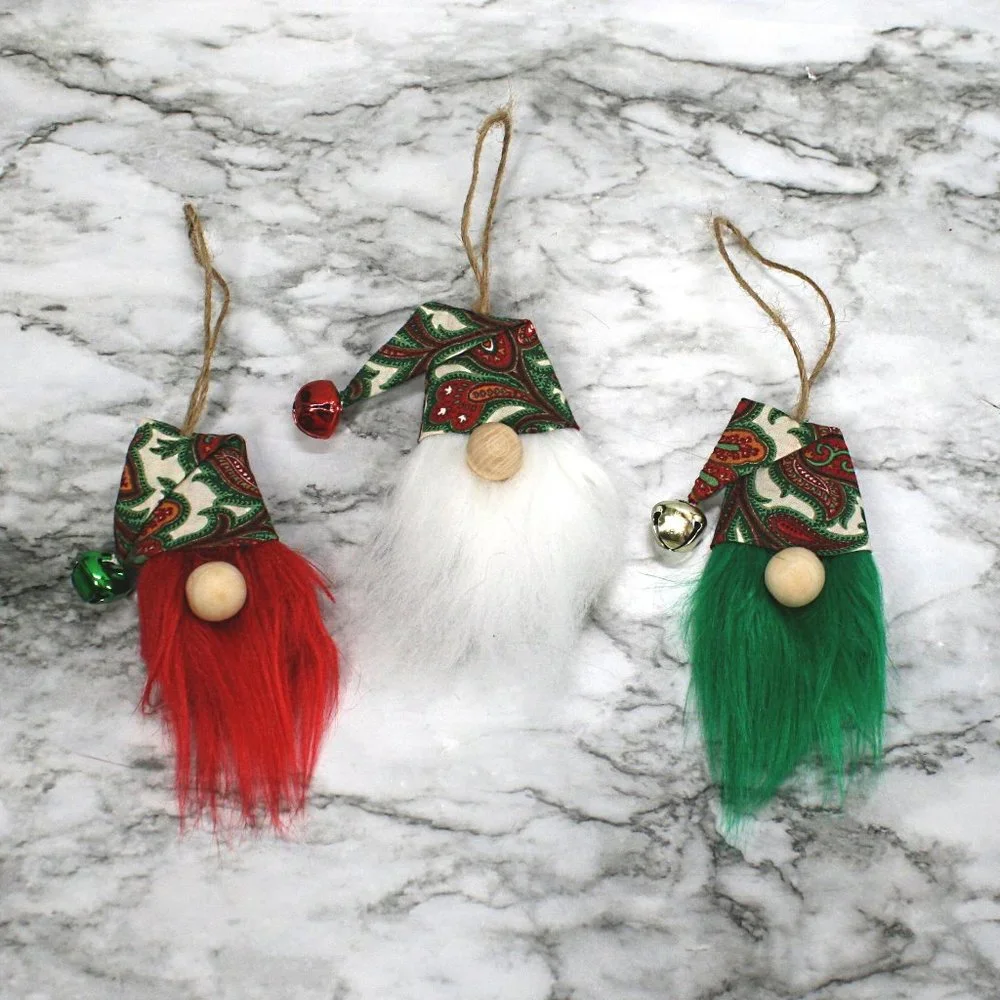 HAND CRAFTED Gnome Christmas Ornaments Set of 3 - White Paisley Print